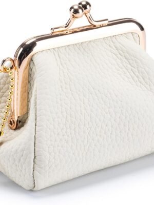 Genuine Leather Coin Purse for Women, Cute Mini Lipstick Holder Case, Small Vintage Kiss Lock Jewelry Storage Organizer Change Bag Pouch (Creamy White)