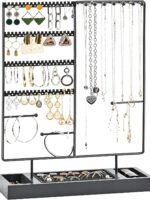 ProCase Jewelry Organizer Stand Earring Holder Organizer, 6 Tiers Earring Organizer Tree Necklace Rack Jewellery Tower Bracelets Holder Storage with Removable Wooden Ring Tray for Women Girls -Grey