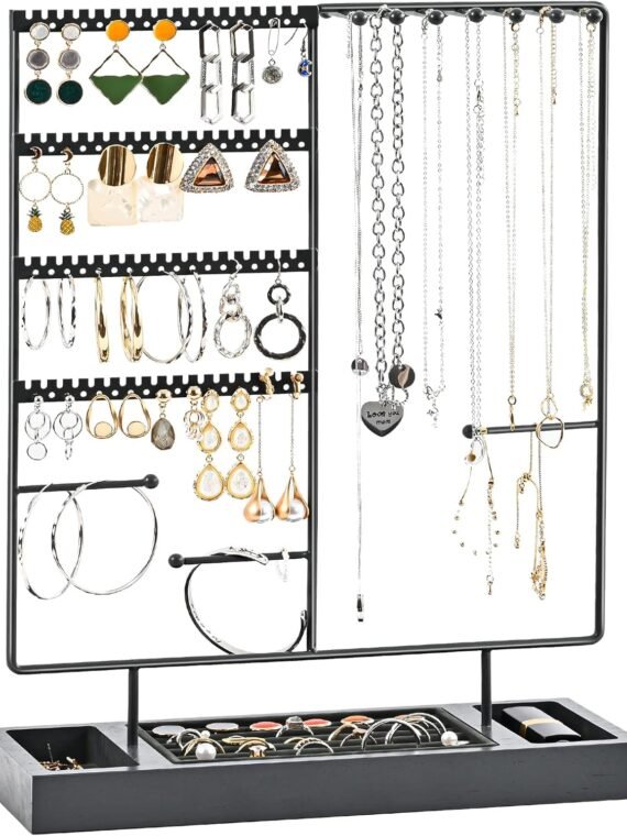 ProCase Jewelry Organizer Stand Earring Holder Organizer, 6 Tiers Earring Organizer Tree Necklace Rack Jewellery Tower Bracelets Holder Storage with Removable Wooden Ring Tray for Women Girls -Grey