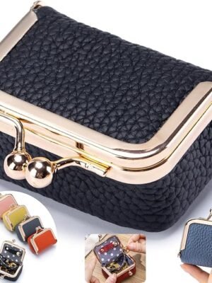 Royal Bagger Genuine Cow Leather Mini Jewelry Box Women's Coin Purse Solid Color Kiss Lock Change Pouch Casual Style Small Storage Bag for Women 1894 (New Black1)