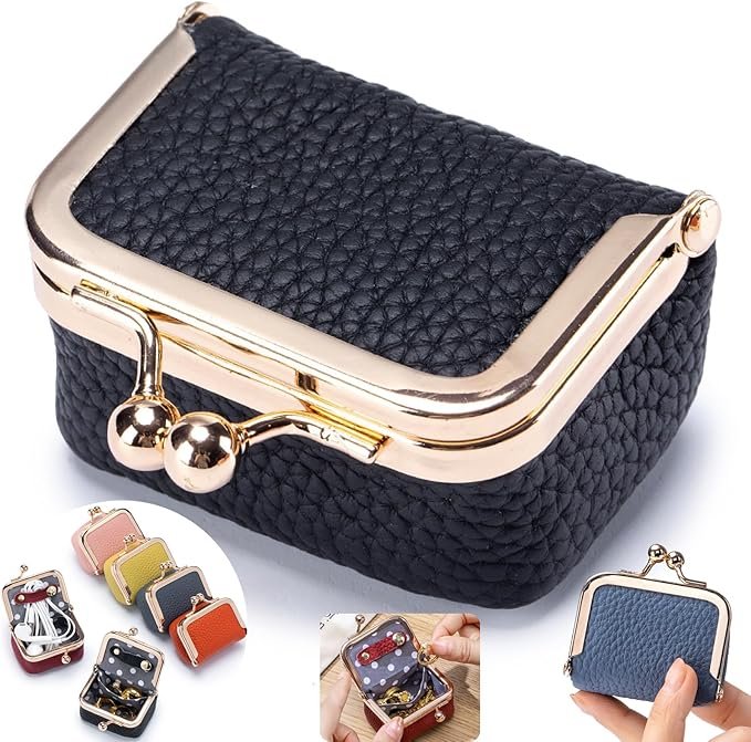 Royal Bagger Genuine Cow Leather Mini Jewelry Box Women's Coin Purse Solid Color Kiss Lock Change Pouch Casual Style Small Storage Bag for Women 1894 (New Black1)