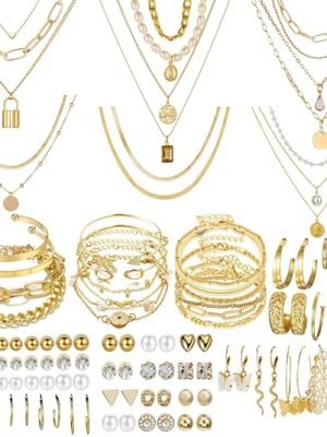 NEWITIN 69 Pieces Gold Jewelry Set for Women Fashion Costume Jewelry Gold Plated Necklace Bracelet Earrings Set for Women
