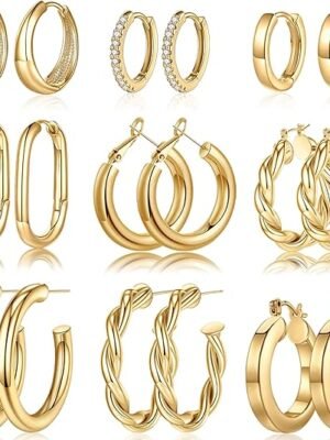 Yesteel 9 Pairs Gold Hoop Earrings for Women, 14K Real Gold Plated Chunky Hoop Earrings Set for Women Hypoallergenic Thick Lightweight Earring for Womens Jewelry Gifts