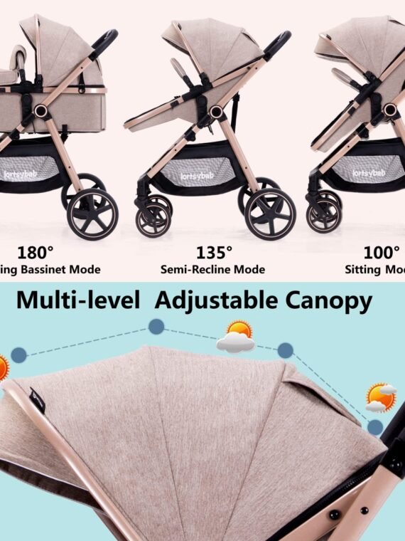 Lortsybab 2-in-1 Baby Stroller - Folding Infant Newborn Pram Stroller with Reversible Seat - Toddler Strollers for 0-36 Months Old Babies (Beige)