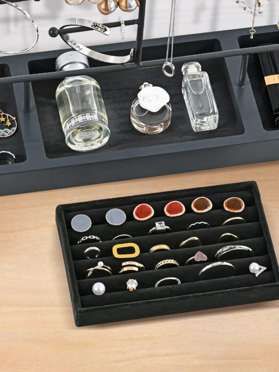 ProCase Jewelry Organizer Stand Earring Holder Organizer, 6 Tiers Earring Organizer Tree Necklace Rack Jewellery Tower Bracelets Holder Storage with Removable Wooden Ring Tray for Women Girls -Grey