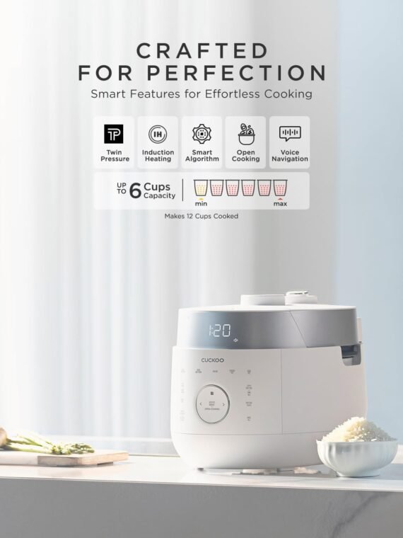 CUCKOO Twin Pressure Rice Cooker 6-Cup Uncooked / 12-Cup Cooked with Induction Heating Technology, 20 Menu Modes with Voice Guide, Versatile Rice Maker Multi-Cooker & Pressure Cooker (CRP-LHTR0609FW)