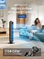 DREO Tower Fan for Bedroom, 2026 Upgraded DC Motor, 28ft/s High Velocity, 20dB Ultra Quiet Standing Fan, 8 Speeds 4 Modes, 90° Oscillating Bladeless Fan for Indoors, Floor Fans with Remote, Black
