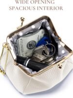 Genuine Leather Coin Purse for Women, Cute Mini Lipstick Holder Case, Small Vintage Kiss Lock Jewelry Storage Organizer Change Bag Pouch (Creamy White)