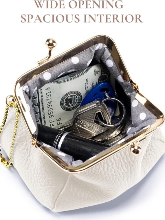 Genuine Leather Coin Purse for Women, Cute Mini Lipstick Holder Case, Small Vintage Kiss Lock Jewelry Storage Organizer Change Bag Pouch (Creamy White)
