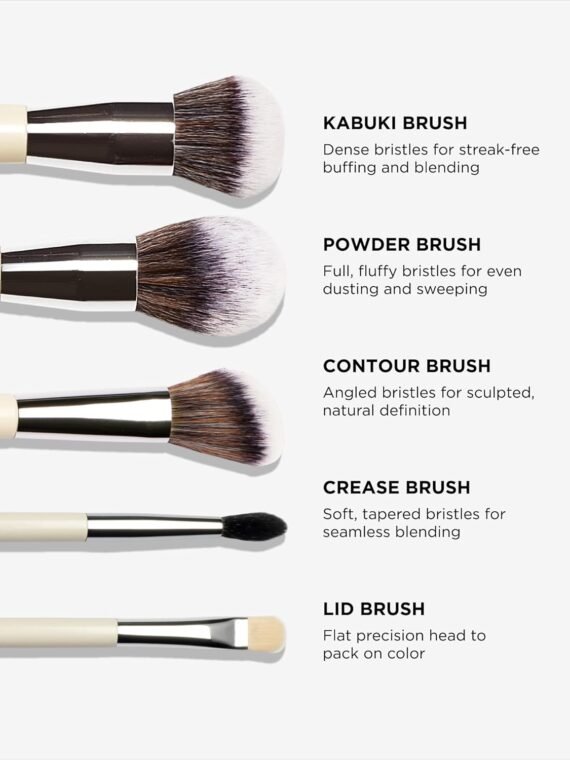 HALEYS Beauty 5-Piece Makeup Brush Set, For Streak Free Application of Liquid, Cream or Powder, Set Includes Kabuki, Powder, Contour, Crease & Lid, Make Up Bag Essentials, Vegan, Gift for Women