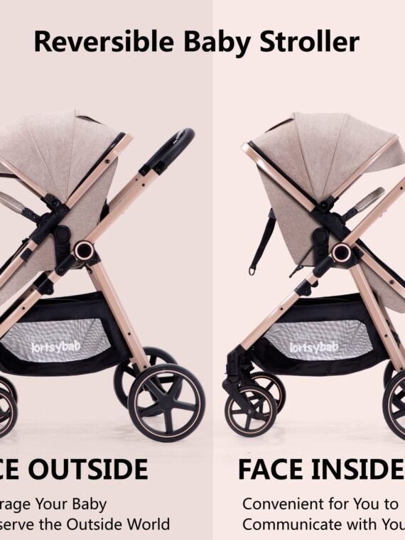 Lortsybab 2-in-1 Baby Stroller - Folding Infant Newborn Pram Stroller with Reversible Seat - Toddler Strollers for 0-36 Months Old Babies (Beige)