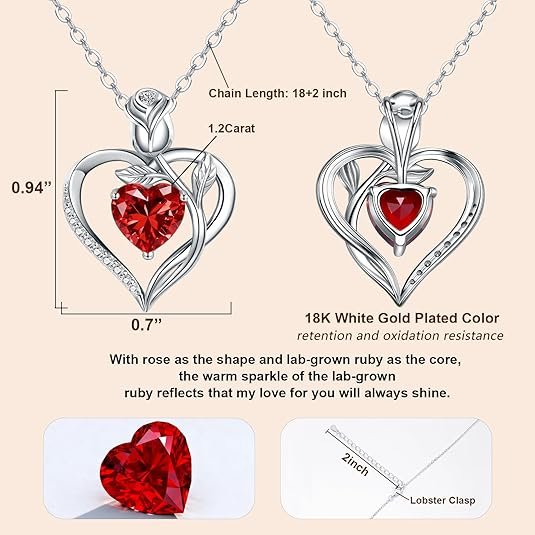 1.2CT Rose Heart Necklace Option of Moissanite or Lab-Grown Sapphire Ruby Emerald&More Necklace for Women Birthstone Girlfriend Necklace S925 Sterling Silver 18K White/Rose Gold Plated D Color VVS1 Gift for Wife Mother Daughter for Birthday Anniversary Mothers Day Necklace for Mom Engraved 'I LOVE YOU' Flower Floral Necklace