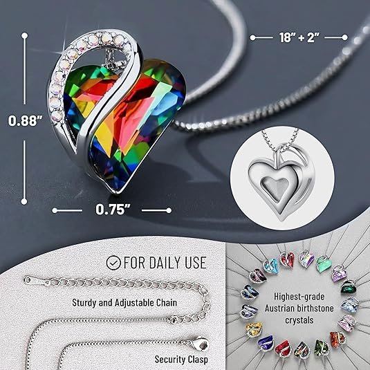 Leafael Gift Necklaces for Women, Infinity Love Birthstone Heart Crystal Pendant, Birthday Anniversary Jewelry for Wife, Mom, and Her, Silver Plated, 18" + 2" Adjustable Chain
