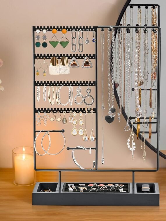 ProCase Jewelry Organizer Stand Earring Holder Organizer, 6 Tiers Earring Organizer Tree Necklace Rack Jewellery Tower Bracelets Holder Storage with Removable Wooden Ring Tray for Women Girls -Grey