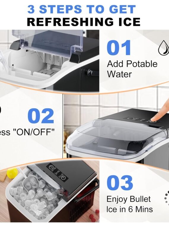 NEWBULIG Ice Makers Countertop with Handle, Portable Ice Machine, 9 Bullet Cubes in 6 Mins, 26lbs in 24Hrs, Auto-Cleaning, with Basket and Scoop, for Home, Kitchen, RV, Camping, Black