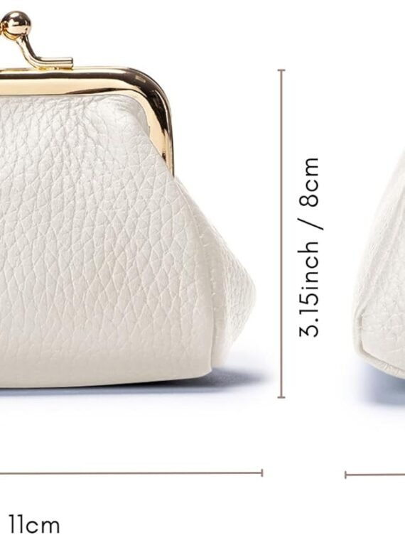 Genuine Leather Coin Purse for Women, Cute Mini Lipstick Holder Case, Small Vintage Kiss Lock Jewelry Storage Organizer Change Bag Pouch (Creamy White)