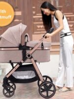 Lortsybab 2-in-1 Baby Stroller - Folding Infant Newborn Pram Stroller with Reversible Seat - Toddler Strollers for 0-36 Months Old Babies (Beige)