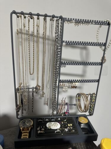 ProCase Jewelry Organizer Stand Earring Holder Organizer, 6 Tiers Earring Organizer Tree Necklace Rack Jewellery Tower Bracelets Holder Storage with Removable Wooden Ring Tray for Women Girls -Grey photo review