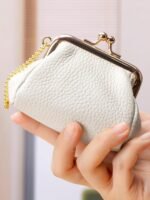 Genuine Leather Coin Purse for Women, Cute Mini Lipstick Holder Case, Small Vintage Kiss Lock Jewelry Storage Organizer Change Bag Pouch (Creamy White)