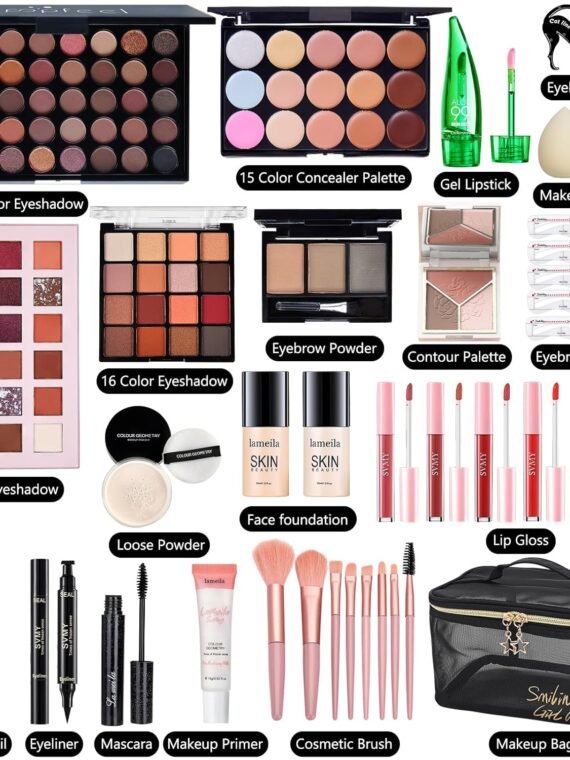 All in One Makeup Kit for Women Full Kit, Make Up Gift Set for Women, Makeup Essential Bundle Includes Foundation Face Primer Eyeshadow Contour Palette Lipstick Eyeliner Mascara Cosmetic Brush Set