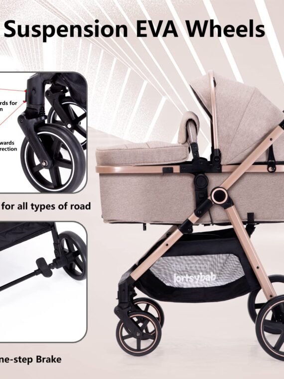 Lortsybab 2-in-1 Baby Stroller - Folding Infant Newborn Pram Stroller with Reversible Seat - Toddler Strollers for 0-36 Months Old Babies (Beige)