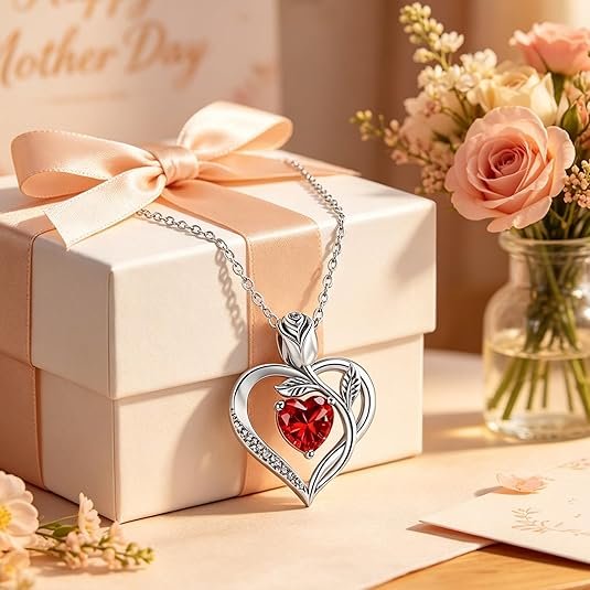 1.2CT Rose Heart Necklace Option of Moissanite or Lab-Grown Sapphire Ruby Emerald&More Necklace for Women Birthstone Girlfriend Necklace S925 Sterling Silver 18K White/Rose Gold Plated D Color VVS1 Gift for Wife Mother Daughter for Birthday Anniversary Mothers Day Necklace for Mom Engraved 'I LOVE YOU' Flower Floral Necklace