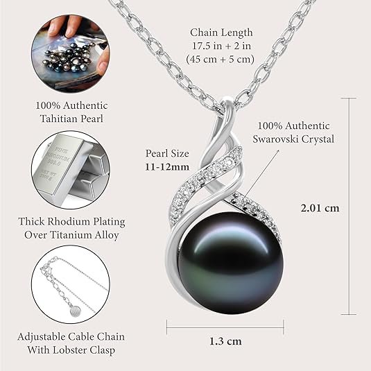TRYNDI Real Tahitian Black Pearl Necklace Gifts for Women - Larger 11-12mm Luxury Pearl Womens Jewelry, Romantic Valentines Gift for Wife from Husband- Wedding Anniversary, Birthday, Mothers Day, Valentine Necklace for Girlfriend, Fiance & Soulmate