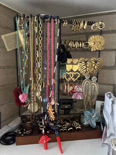 ProCase Jewelry Organizer Stand Earring Holder Organizer, 6 Tiers Earring Organizer Tree Necklace Rack Jewellery Tower Bracelets Holder Storage with Removable Wooden Ring Tray for Women Girls -Grey photo review