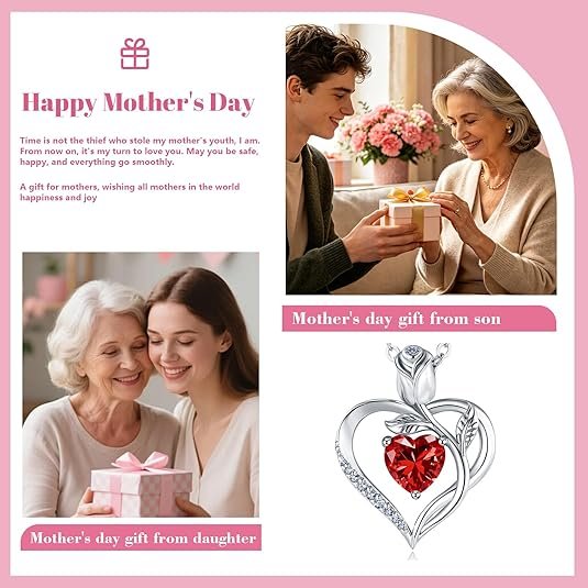 1.2CT Rose Heart Necklace Option of Moissanite or Lab-Grown Sapphire Ruby Emerald&More Necklace for Women Birthstone Girlfriend Necklace S925 Sterling Silver 18K White/Rose Gold Plated D Color VVS1 Gift for Wife Mother Daughter for Birthday Anniversary Mothers Day Necklace for Mom Engraved 'I LOVE YOU' Flower Floral Necklace