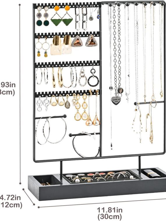 ProCase Jewelry Organizer Stand Earring Holder Organizer, 6 Tiers Earring Organizer Tree Necklace Rack Jewellery Tower Bracelets Holder Storage with Removable Wooden Ring Tray for Women Girls -Grey