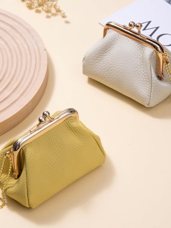 Genuine Leather Coin Purse for Women, Cute Mini Lipstick Holder Case, Small Vintage Kiss Lock Jewelry Storage Organizer Change Bag Pouch (Creamy White)