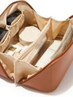 EACHY Travel Makeup Bag, Large Capacity Cosmetic Bag for Women, Waterproof PU Leather, Flat Open Portable Toiletry Bag for Skincare, Brushes & Travel Essentials