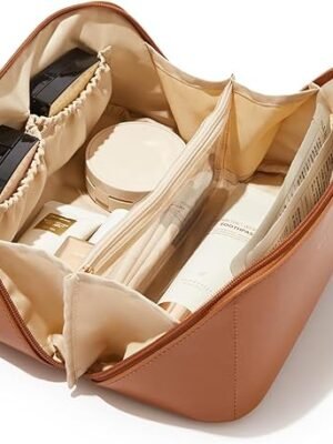 EACHY Travel Makeup Bag, Large Capacity Cosmetic Bag for Women, Waterproof PU Leather, Flat Open Portable Toiletry Bag for Skincare, Brushes & Travel Essentials