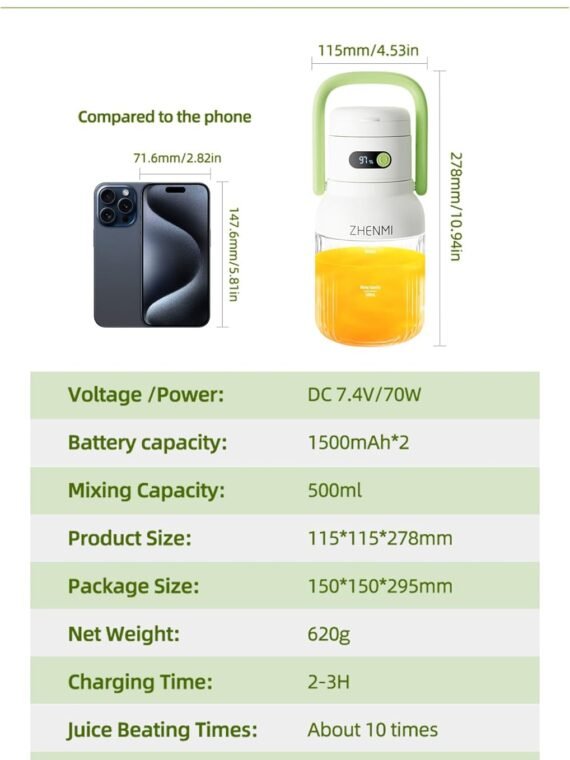 Portable blender, personal blender for smoothies and milkshakes, cordless, 33 oz BPA-free container, 18000 RPM motor, leak-proof lid with straw nozzle, USB-C rechargeable, easy-to-clean parts (green).