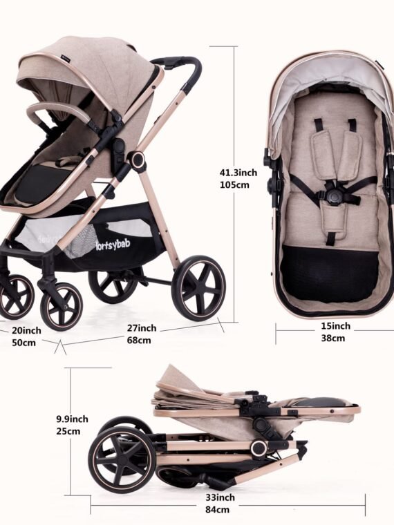 Lortsybab 2-in-1 Baby Stroller - Folding Infant Newborn Pram Stroller with Reversible Seat - Toddler Strollers for 0-36 Months Old Babies (Beige)