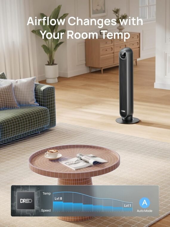 DREO Tower Fan for Bedroom, 2026 Upgraded DC Motor, 28ft/s High Velocity, 20dB Ultra Quiet Standing Fan, 8 Speeds 4 Modes, 90° Oscillating Bladeless Fan for Indoors, Floor Fans with Remote, Black