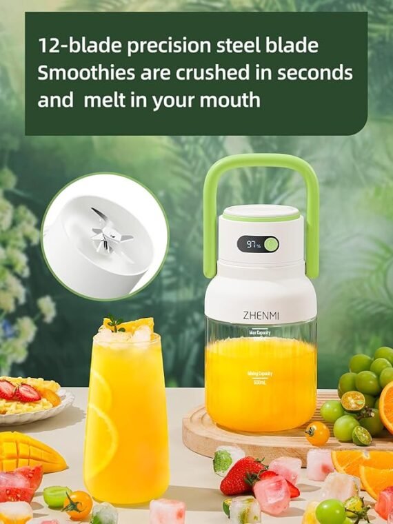 Portable blender, personal blender for smoothies and milkshakes, cordless, 33 oz BPA-free container, 18000 RPM motor, leak-proof lid with straw nozzle, USB-C rechargeable, easy-to-clean parts (green).