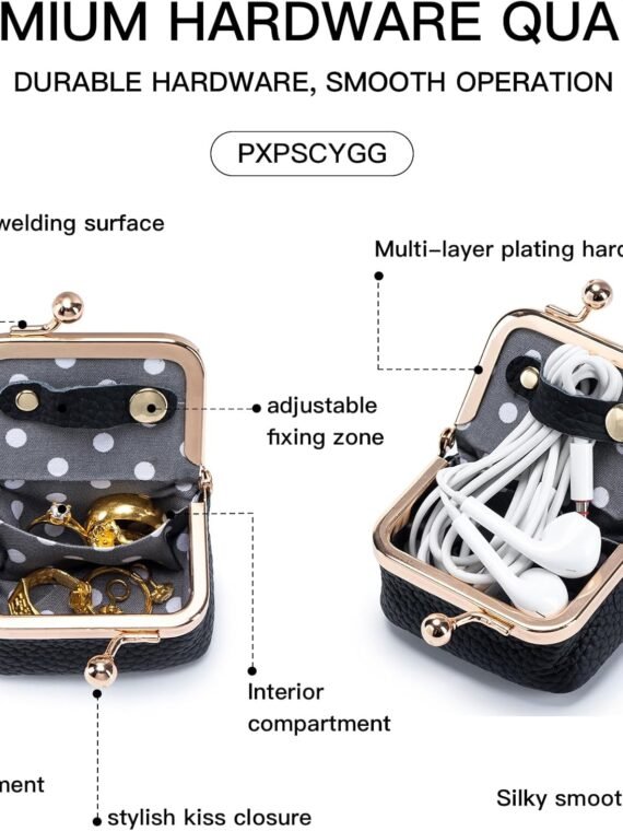 Royal Bagger Genuine Cow Leather Mini Jewelry Box Women's Coin Purse Solid Color Kiss Lock Change Pouch Casual Style Small Storage Bag for Women 1894 (New Black1)