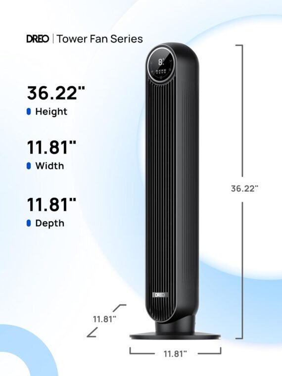 DREO Tower Fan for Bedroom, 2026 Upgraded DC Motor, 28ft/s High Velocity, 20dB Ultra Quiet Standing Fan, 8 Speeds 4 Modes, 90° Oscillating Bladeless Fan for Indoors, Floor Fans with Remote, Black