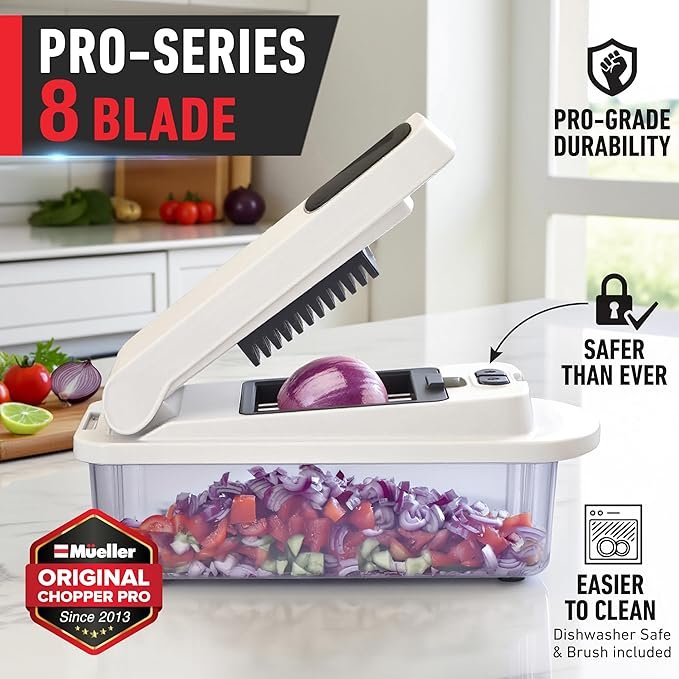 Mueller The Real Original Pro Chopper (2013), Mandoline 8-blade food vegetable chopper, onion and vegetable cutter, with container, kitchen gadgets and essentials (10-in-1)