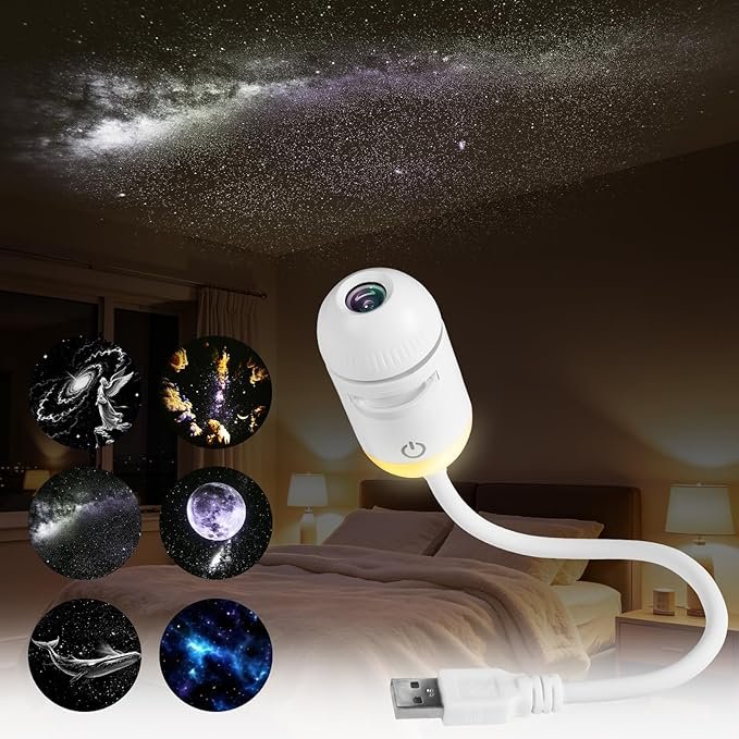 2-in-1 Galaxy Projector Night Light, USB Starry Sky Night Light Projector for Bedroom, Mini LED Ceiling/Wall Projection Lamp with 360° Rotation, for Kids Adults Gifts (6 Slides)