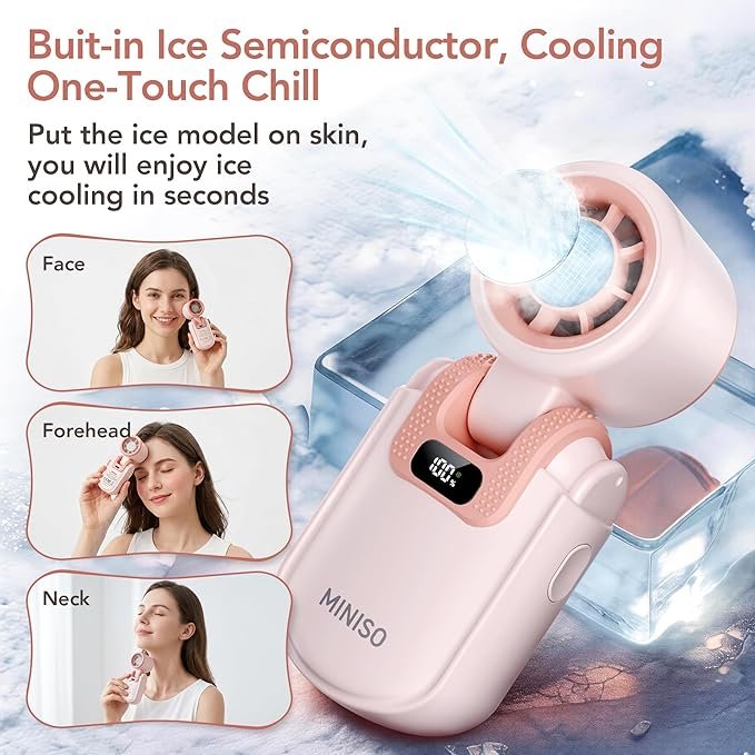 MINISO Mini Fan Handheld, 2400 mAh Rechargeable, 3 in 1 USB Small Portable Turbo Fan, 5-Speed, Foldable with Ice Cooler, Max 8 H Cooling Personal Fan for Travel, Office, Subway, Shopping, Camping