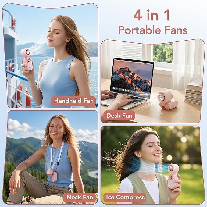 MINISO Mini Fan Handheld, 2400 mAh Rechargeable, 3 in 1 USB Small Portable Turbo Fan, 5-Speed, Foldable with Ice Cooler, Max 8 H Cooling Personal Fan for Travel, Office, Subway, Shopping, Camping