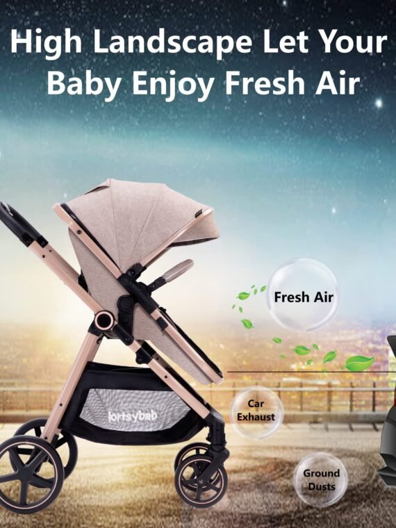 Lortsybab 2-in-1 Baby Stroller - Folding Infant Newborn Pram Stroller with Reversible Seat - Toddler Strollers for 0-36 Months Old Babies (Beige)