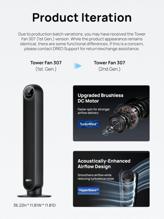 DREO Tower Fan for Bedroom, 2026 Upgraded DC Motor, 28ft/s High Velocity, 20dB Ultra Quiet Standing Fan, 8 Speeds 4 Modes, 90° Oscillating Bladeless Fan for Indoors, Floor Fans with Remote, Black
