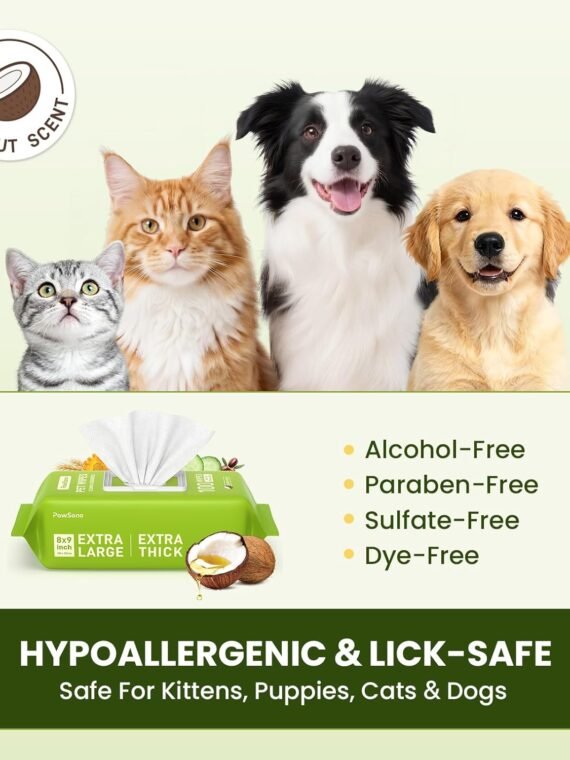 Hypoallergenic Pet Wipes for Dogs & Cats – Quick Clean & Deodorize Paws, Butt, Eyes, Ears, Face & Fur | Daily Grooming After Walks and Between Baths | Extra Large & Thick | Coconut Scented, 400 Count
