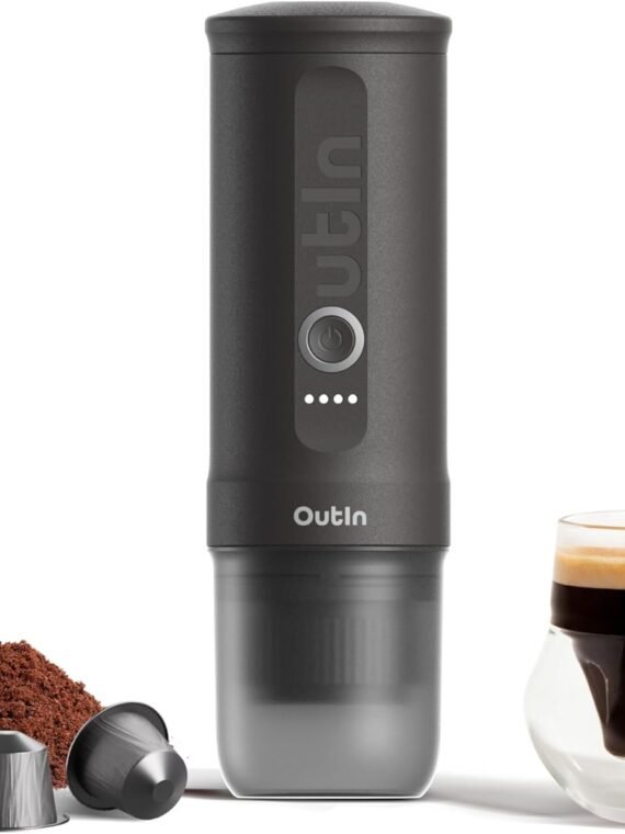 OutIn Nano Portable Electric Espresso Machine, Travel Coffee Maker for Camping, Car Coffee Maker Self-Heating with USB-C, With Ground Coffee & NS Capsule for RV, Hiking, Office