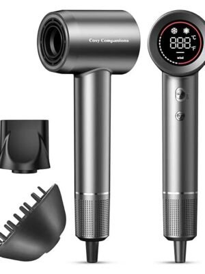 Cosy Companions Hair Dryer - Negative Ionic Blow Dryer with 150000 RPM High Speed Brushless Motor for Fast Drying, Low Noise, HD Display Hair Dryer with Diffuser and Nozzle, 5 Temps & 2 Speeds