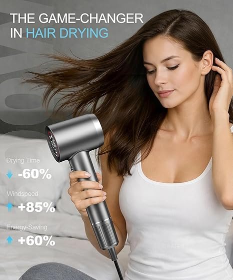 Cosy Companions Hair Dryer - Negative Ionic Blow Dryer with 150000 RPM High Speed Brushless Motor for Fast Drying, Low Noise, HD Display Hair Dryer with Diffuser and Nozzle, 5 Temps & 2 Speeds