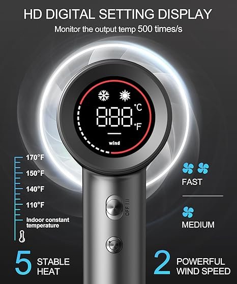 Cosy Companions Hair Dryer - Negative Ionic Blow Dryer with 150000 RPM High Speed Brushless Motor for Fast Drying, Low Noise, HD Display Hair Dryer with Diffuser and Nozzle, 5 Temps & 2 Speeds